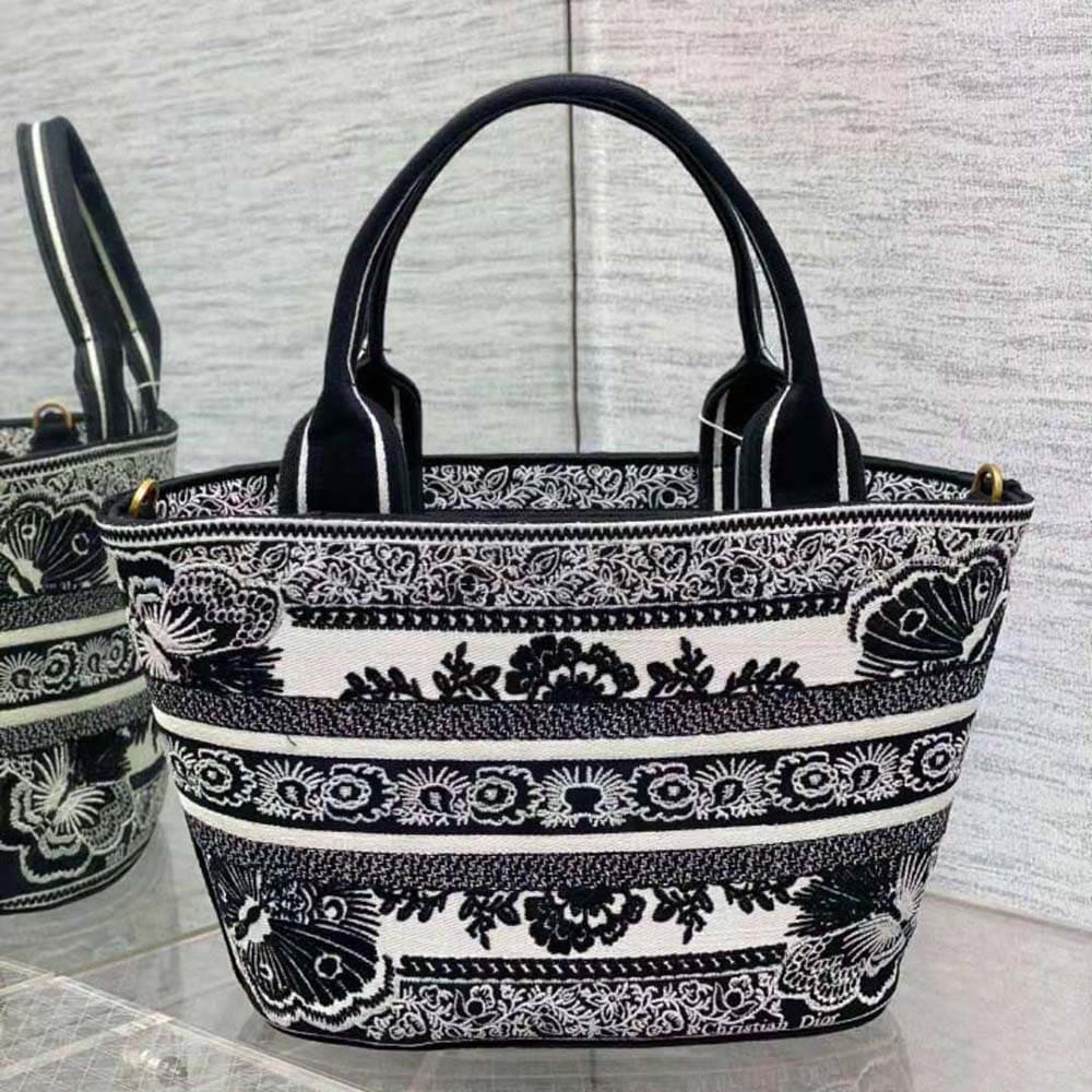 TÚI Dior Women Hat Basket Bag White and Black Butterfly Bandana Embroidery