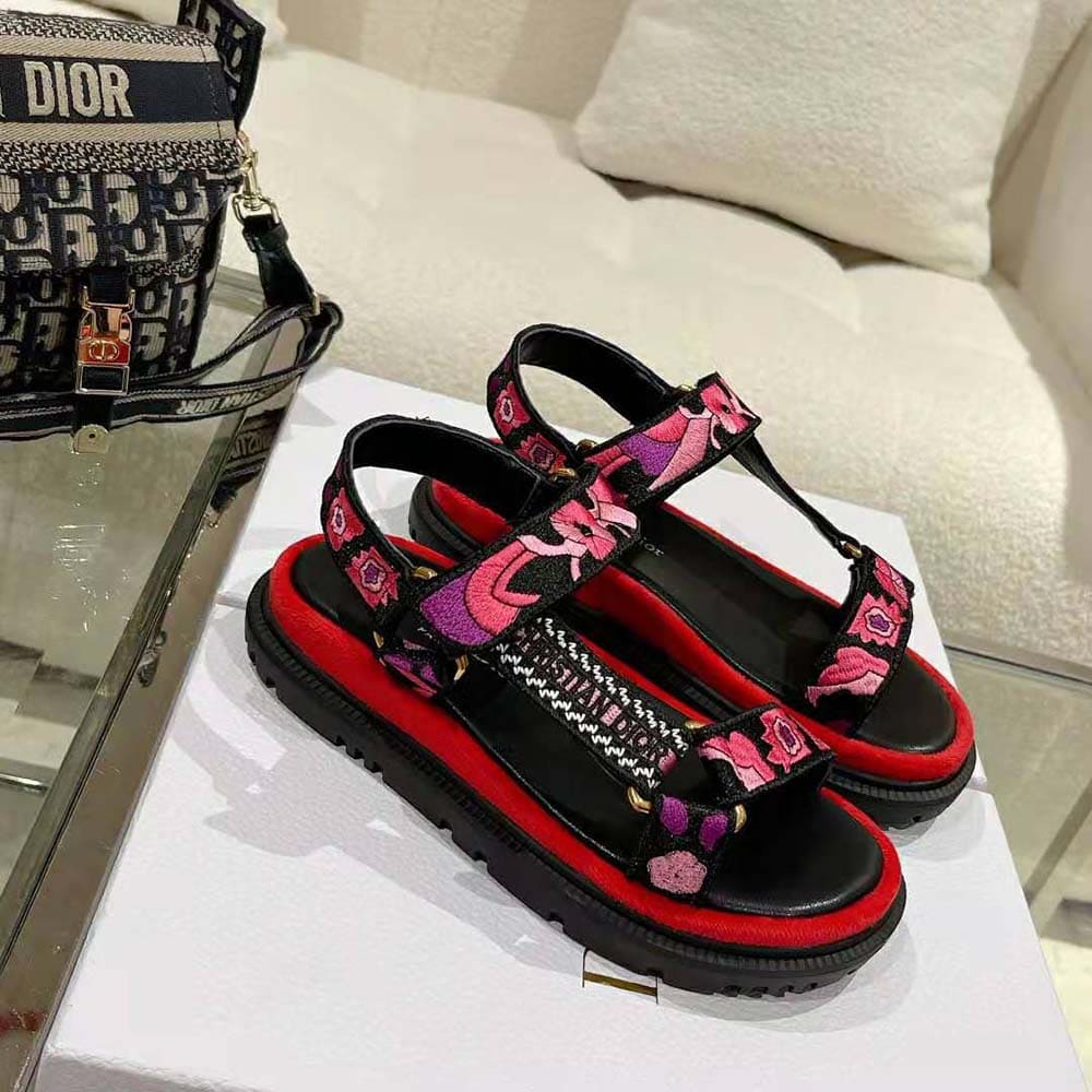 DÉP Dior Women D-wave Sandal Indy Pink Multicolor Cotton with Jardin Indien Embroidery