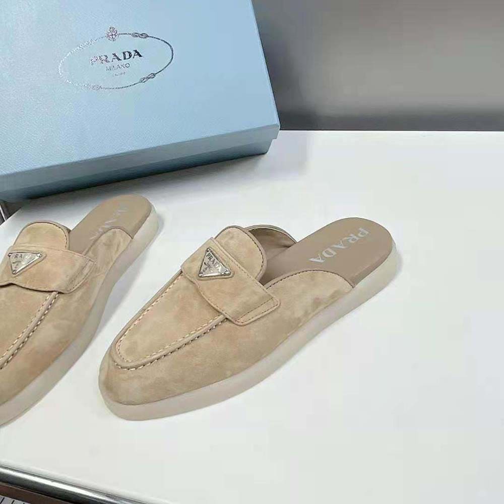 GIÀY Prada Unisex Suede Leather Sabots with Enameled Metal Triangle Logo-Brown