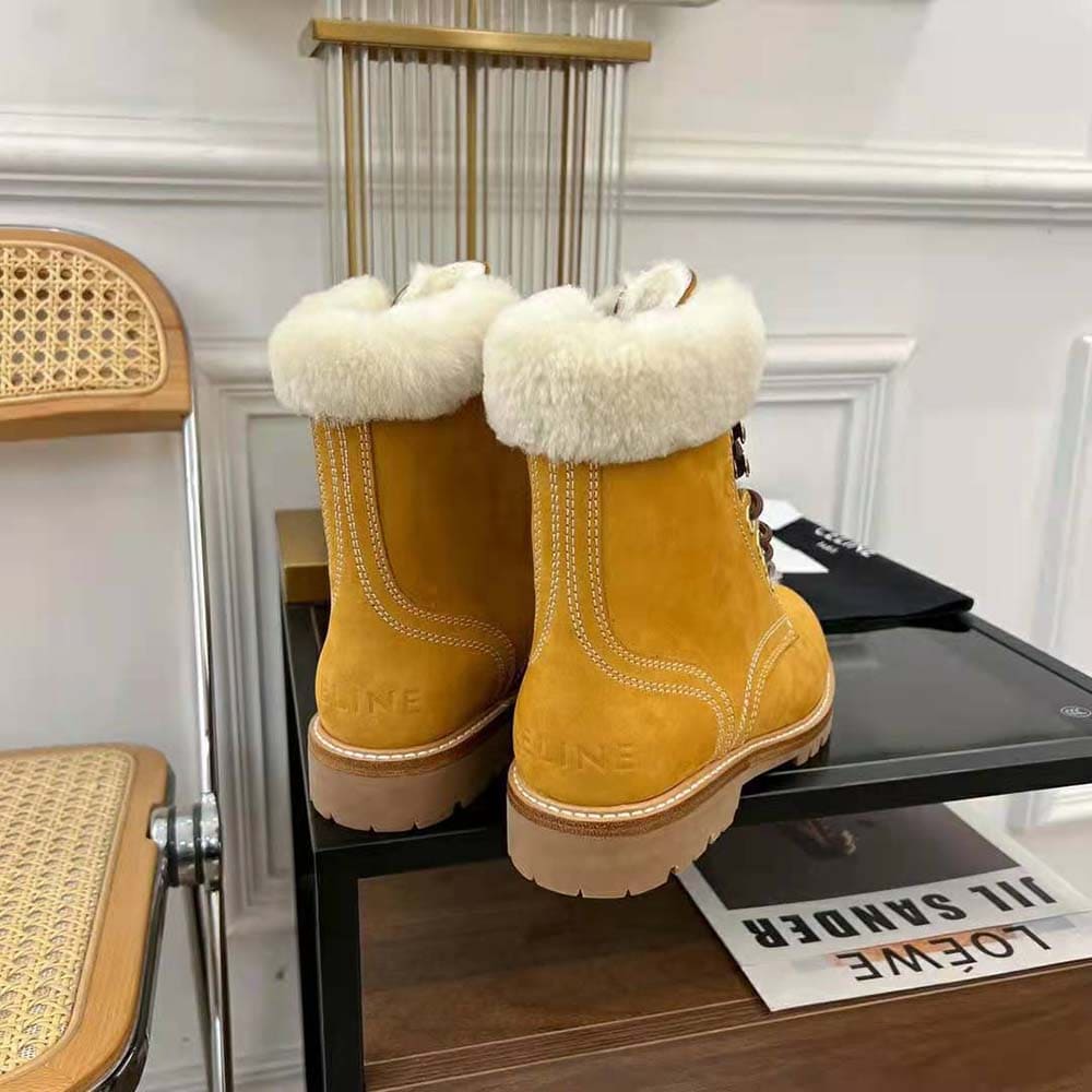 GIÀY Celine Women Kurt Lace-up Mid Boot in Nubuck Calfskin and Shearling
