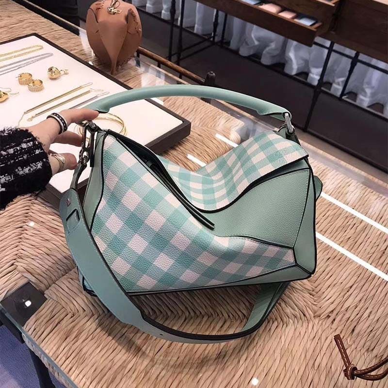 Túi Loewe Women Puzzle Gingham Bag in Calfskin-Lime
