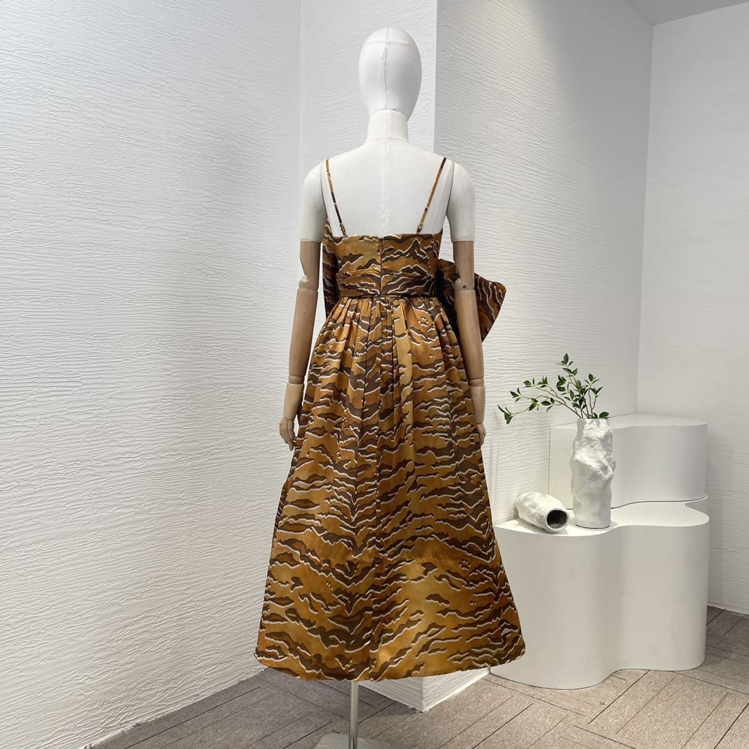 VÁY ZIMMERMANN Camel Tiger Striped Strapless Sleeveless Bow Midi Dress High Classy
