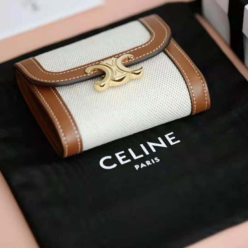 Ví Celine Women Small Triomphe Wallet in Textile and Calfskin-Brown