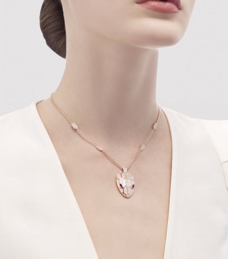Vòng cổ BVLGARI Rose Gold, Diamond and Rubellite Serpenti Necklace vàng hồng 18K