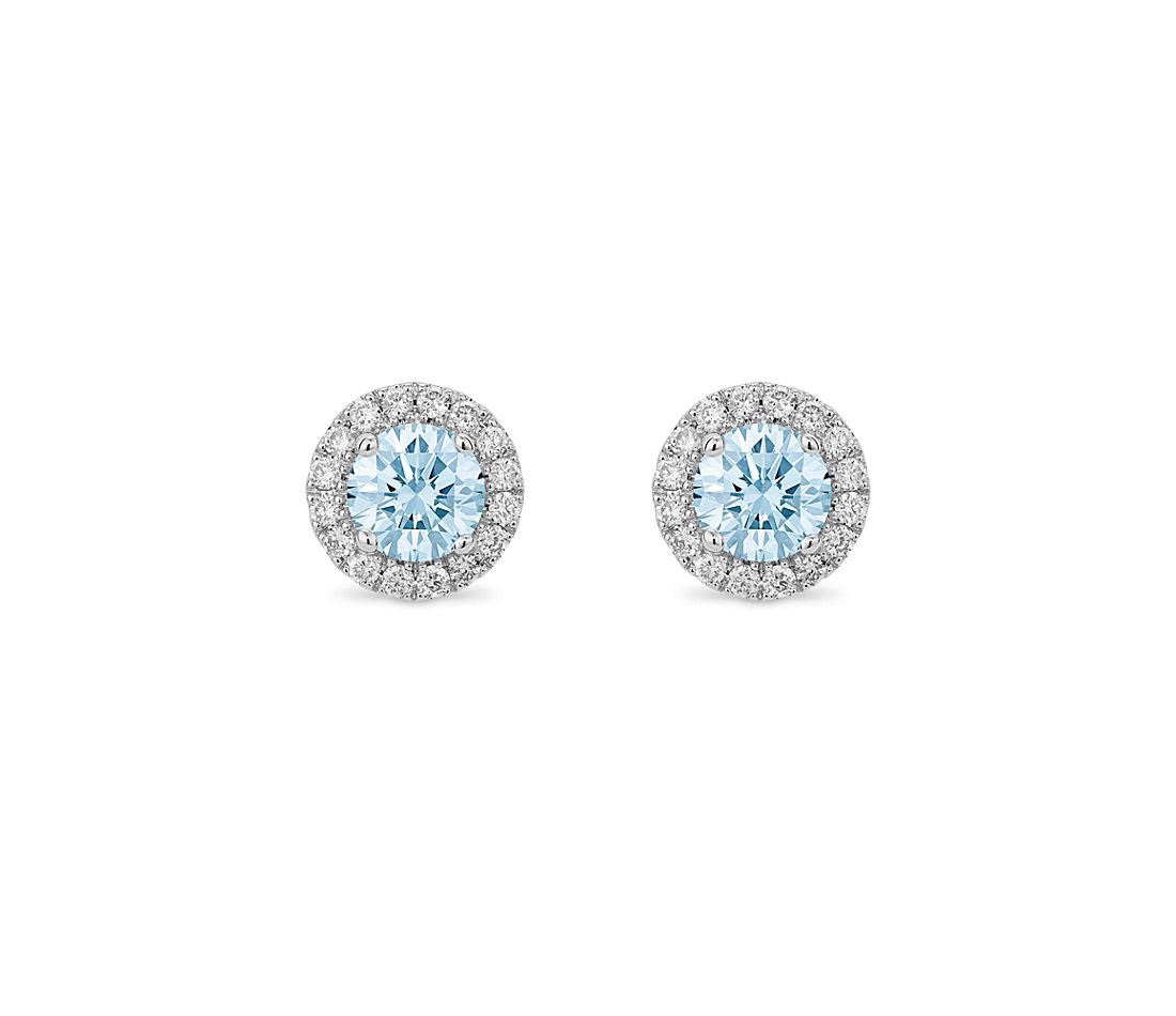 Bông tai vàng trắng 18K Au750 Blue Moissanite Diamond Round Halo Earrings