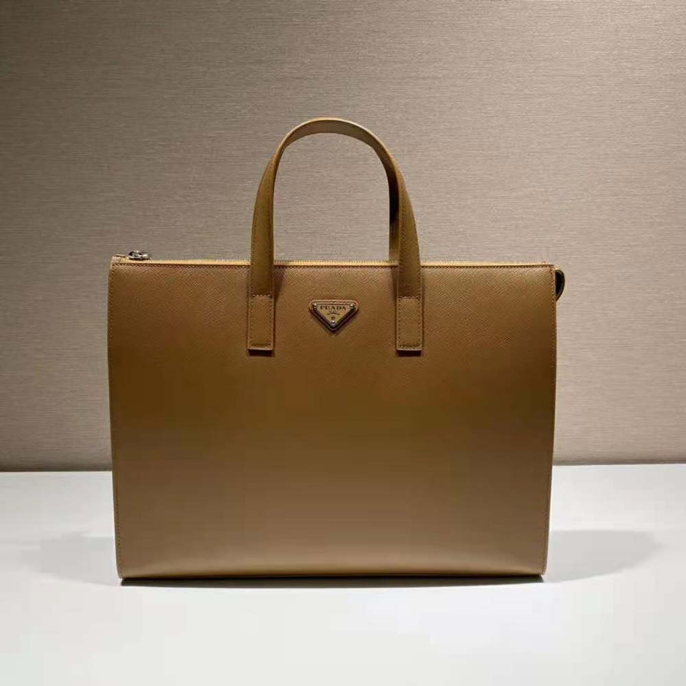 TÚI PRADA Saffiano Leather Tote with a Crosshatch Pattern and Wax Finish-Brown