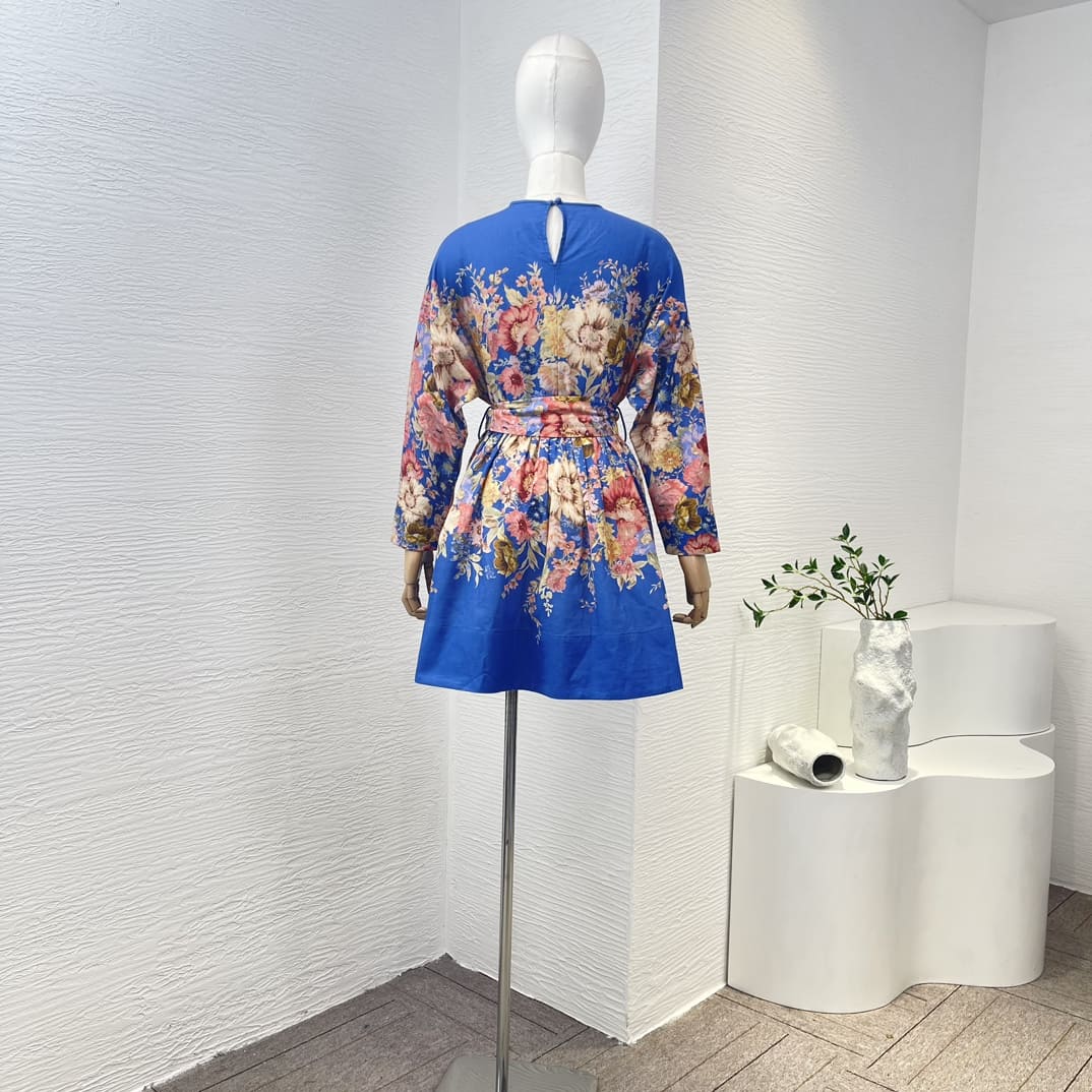 VÁY ZIMMERMANN Blue Floral Print Long Sleeve Loose Mini Dress High Classy