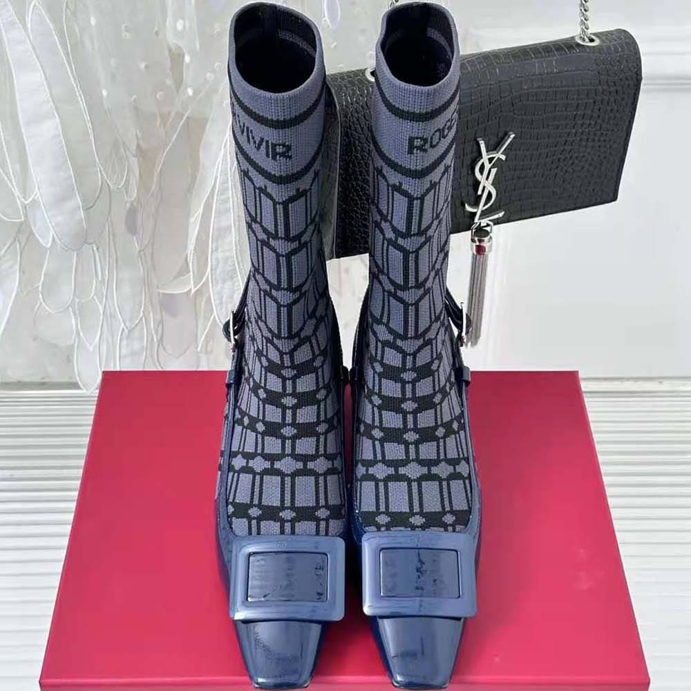 GIÀY Roger Vivier Women Belle Vivier Sock Lacquered Buckle Ankle Boots in Patent Leather-Blue