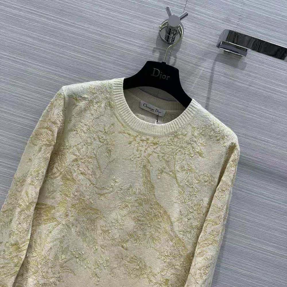 ÁO Dior Women Sweater Gold-Tone Technical Cashmere Knit Embroidered with Metallic Thread in a Dior Jardin D’Hiver Motif