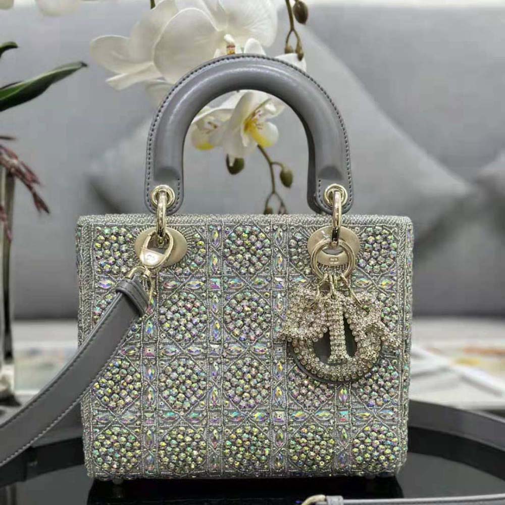 TÚI Dior Women Small Lady Dior Bag Gray Smooth Calfskin and Satin with Bead Embroidery