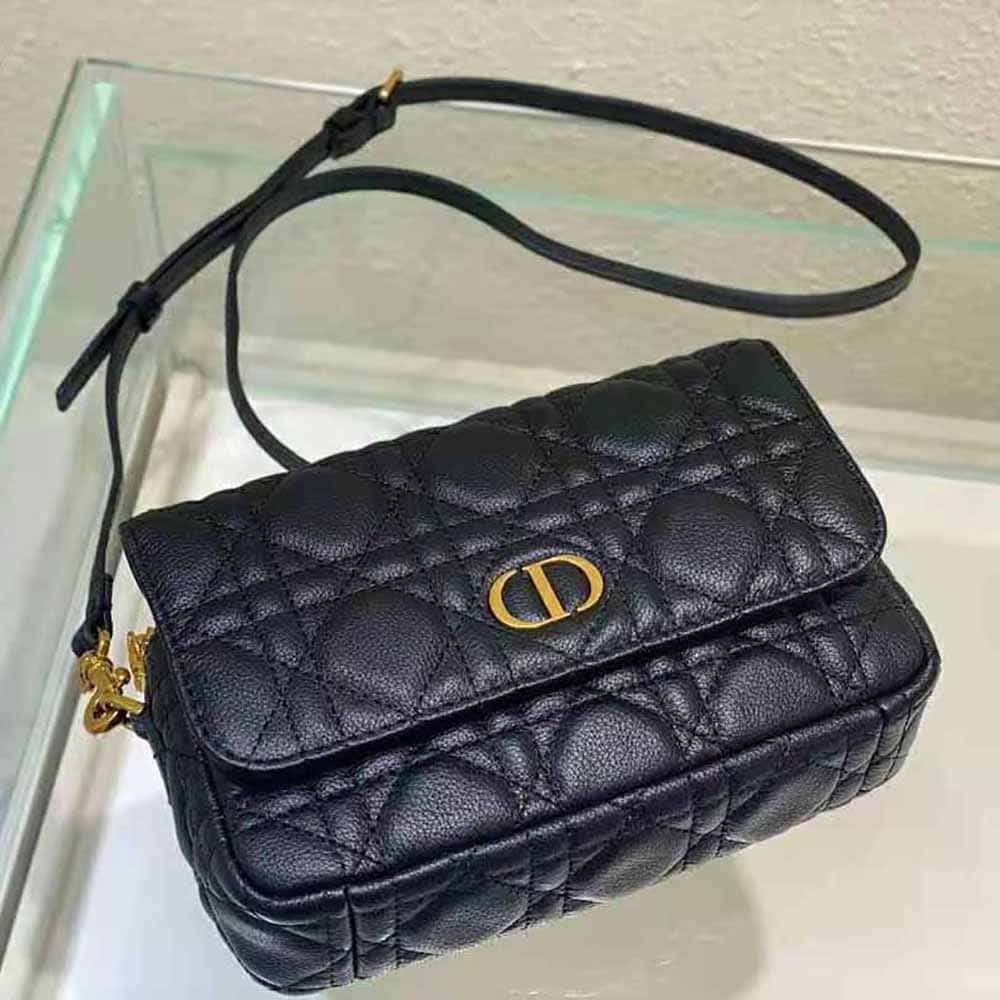 TÚI Dior Women Caro Pouch with Chain Black Supple Cannage Calfskin