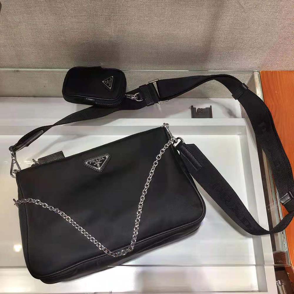 TÚI PRADA Men Nylon and Saffiano Leather Bag with Strap-Black