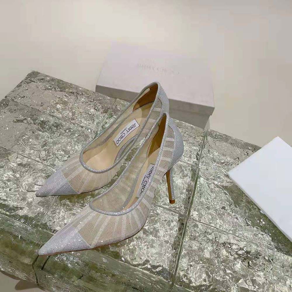GIÀY Jimmy Choo Women Love 100 Metallic Silver Glitter Fabric Pumps with Ivory Tulle Overlay