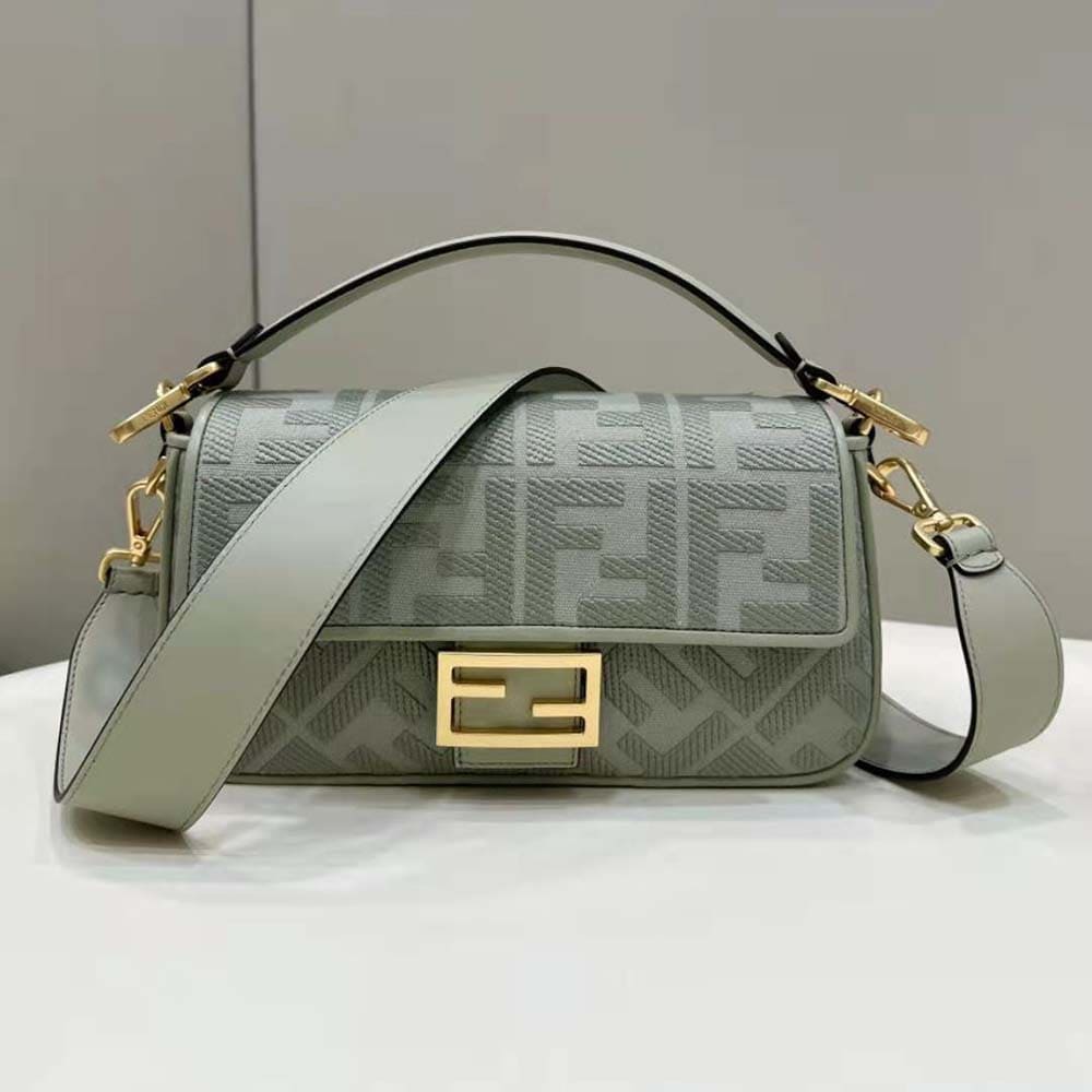TÚI FENDI Women Baguette Light Green Canvas Bag with FF Embroidery