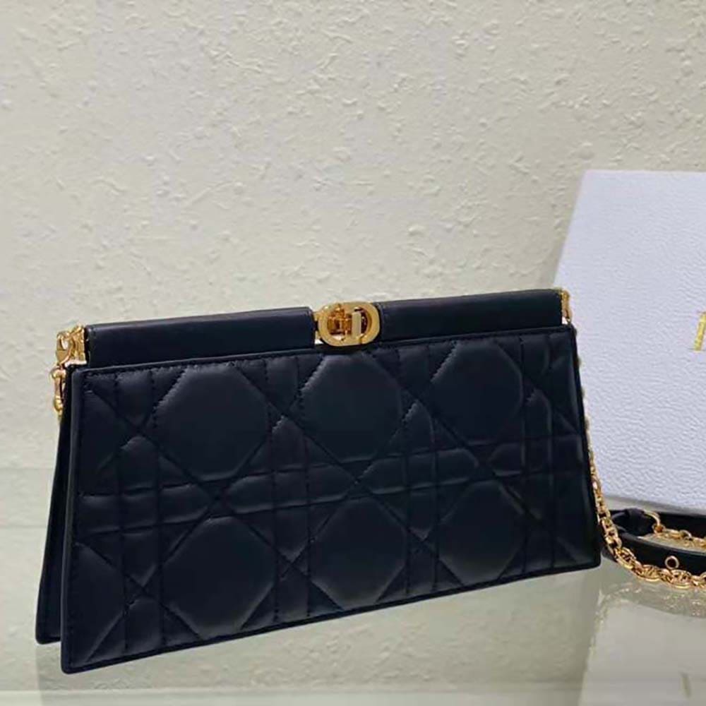 TÚI Dior Women Dior Caro Colle Noire Clutch with Chain Black Cannage Lambskin
