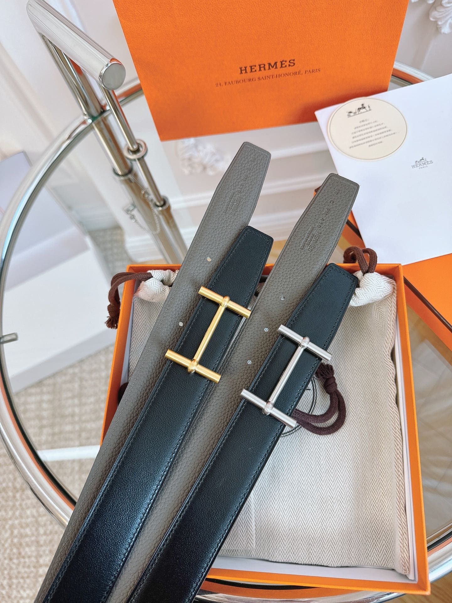 DÂY LƯNG HERMES H BLACK GRAY CALFSKIN leather hai mặt khóa bạc