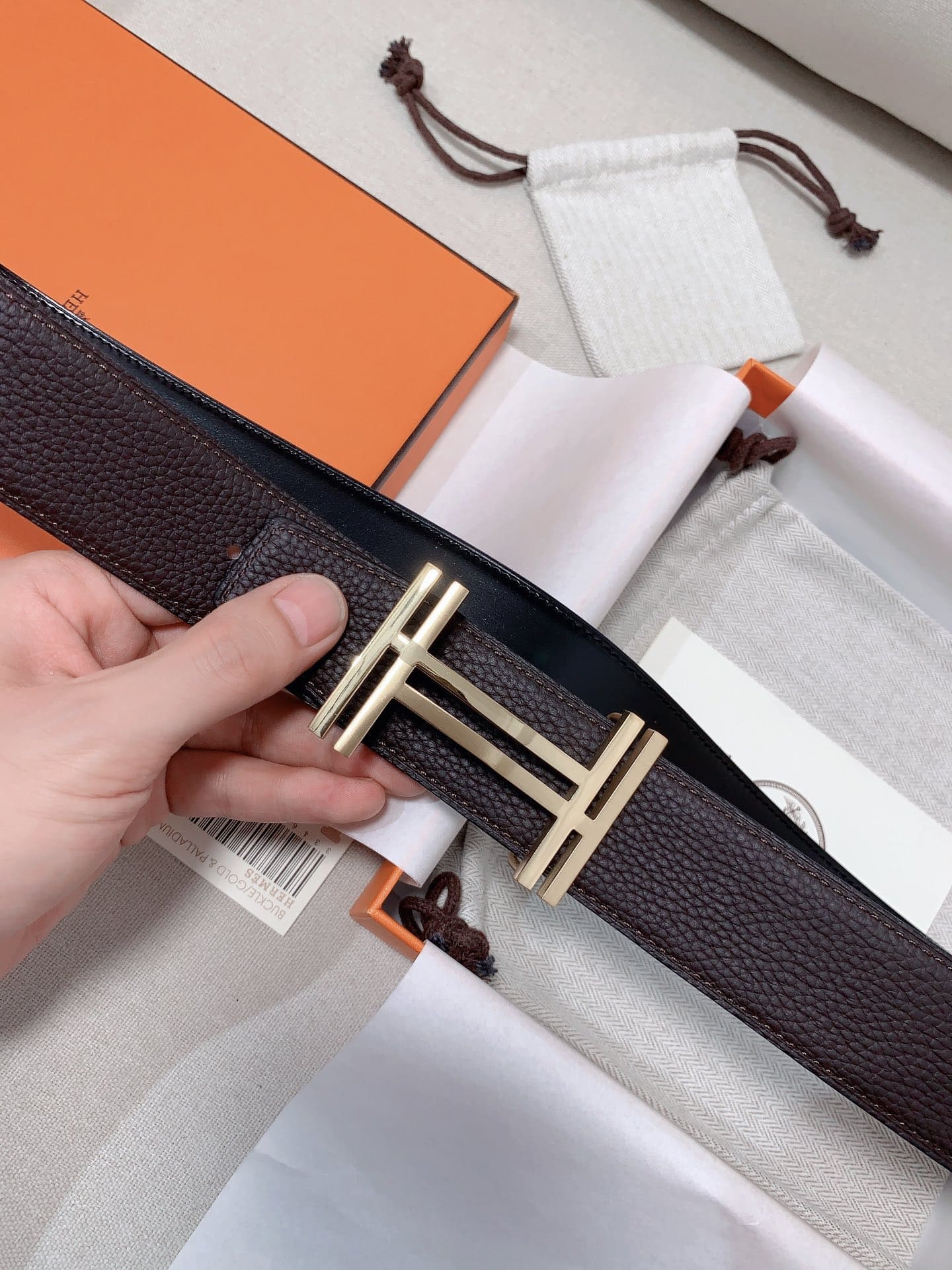 DÂY LƯNG HERMES Double H Matte Black Togo leather hai mặt khóa vàng