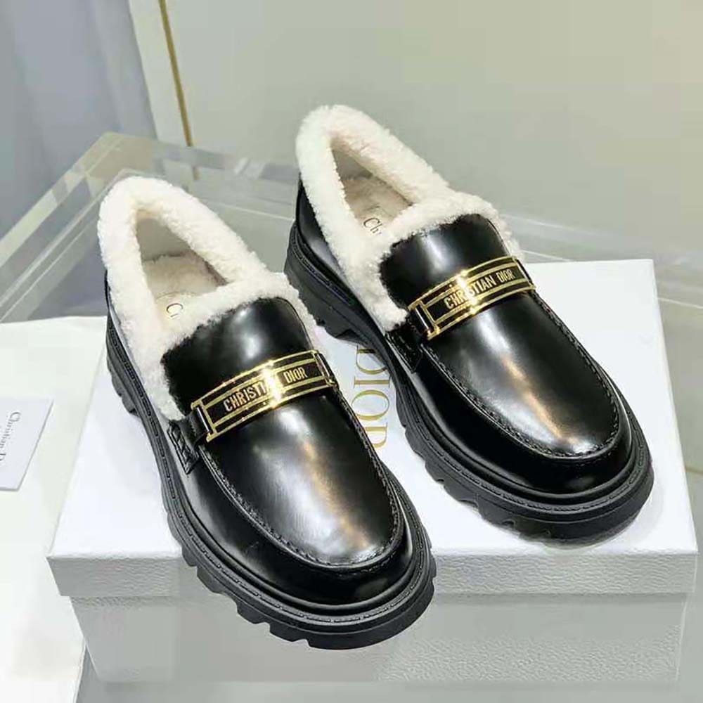 GIÀY Dior Women Code Loafer Black Brushed Calfskin and White Shearling
