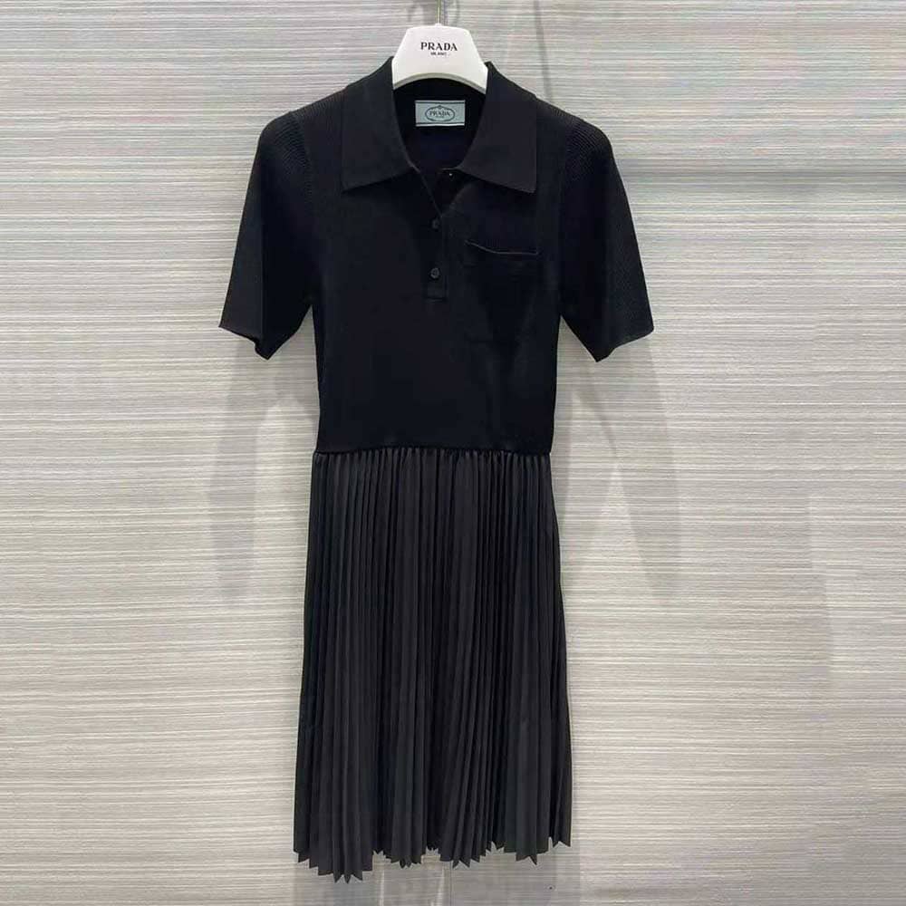 Váy Prada Women Crepe DE Chine and Knit Dress-Black