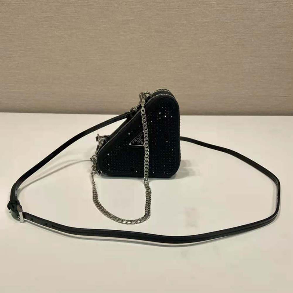 TÚI Prada Women Triangular Embellished Satin and Leather Mini-pouch-Black