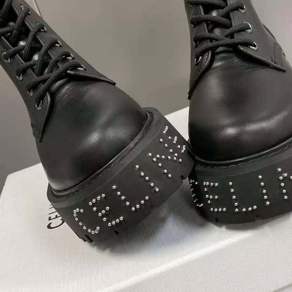 GIÀY Celine Women Lace-up Boot with Studded Outsole Celine Bulky in Shiny Bull-Black