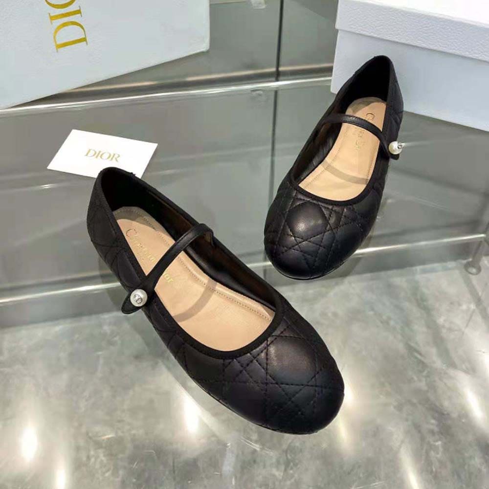 GIÀY Dior Women Ballet Flat Black Quilted Cannage Calfskin