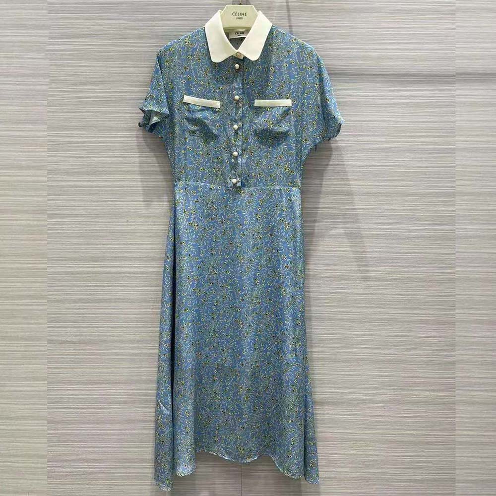 Váy Celine Women Preppy Dress in Crepe DE Chine-Blue