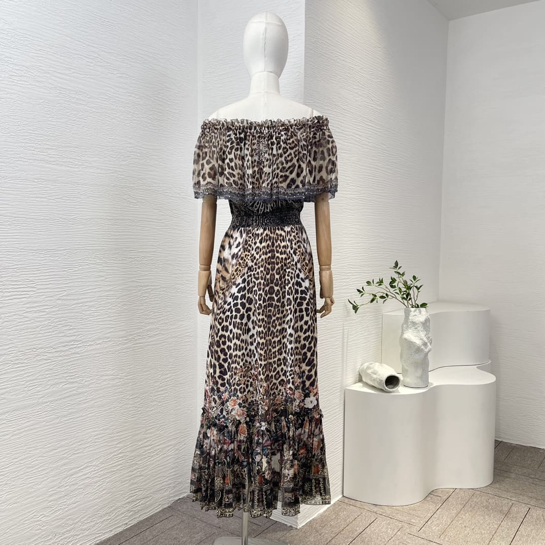 VÁY CAMILLA Worldcloset Diamonds Pressed Leopard Print Off the Shoulder Midi Dress High Classy