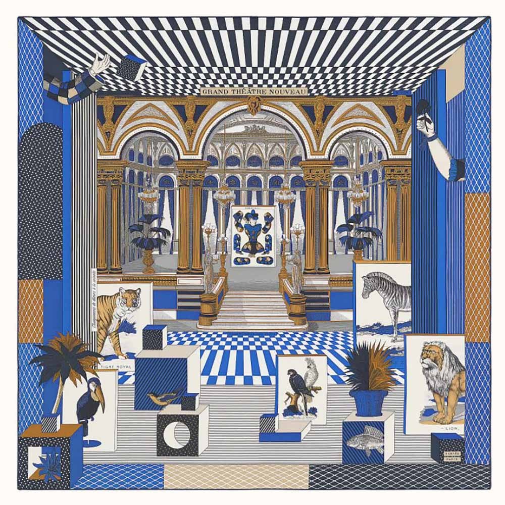 KHĂN Hermes Women Grand Theatre Nouveau Scarf 90 in Silk Twill-Navy