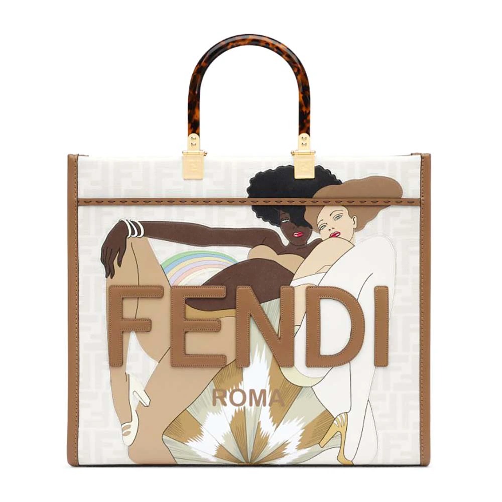 TÚI Fendi Women Sunshine Medium FF white Glazed Fabric Shopper with Inlay