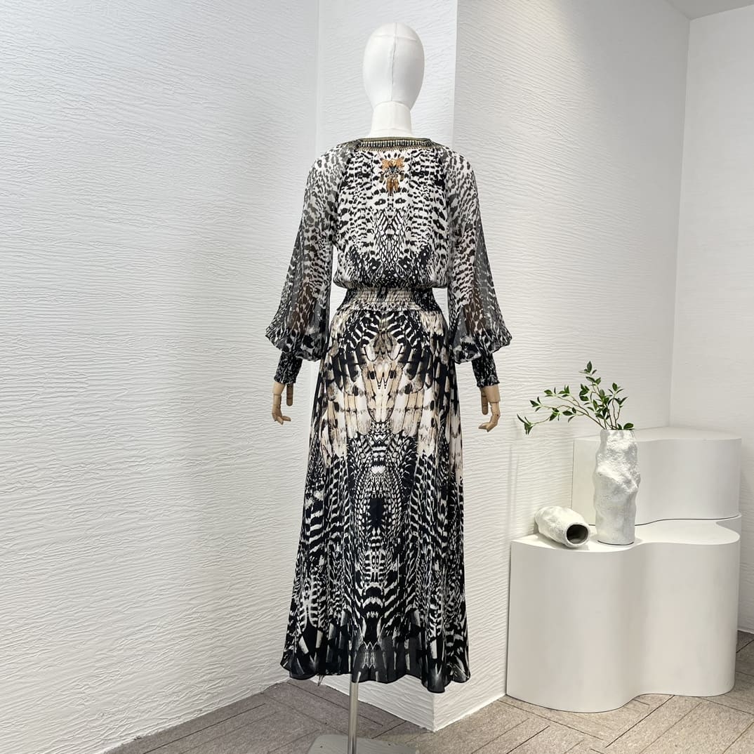 VÁY CAMILLA WorldCloset Animal Leopard Print Long Sleeve Diamonds Midi Dress High Classy