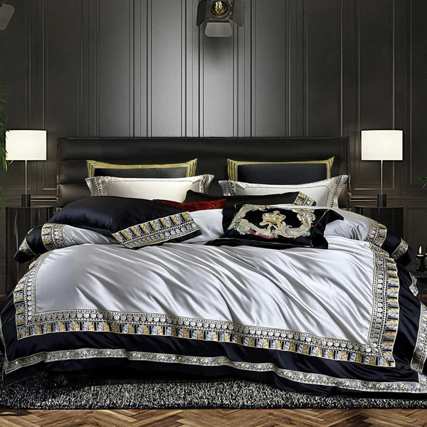 BỘ CHĂN GA GỐI Lisa Silver Embroidered Jacquard Satin Duvet Cover Set