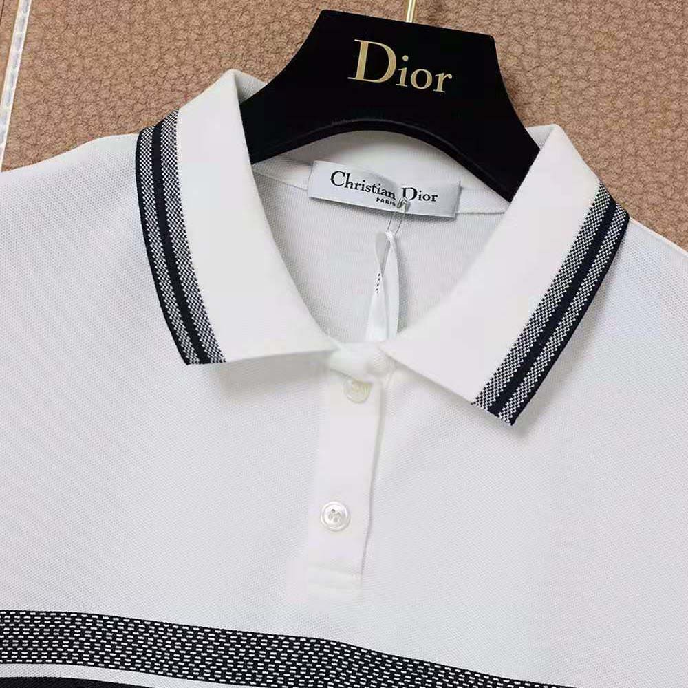 Váy Dior Women Dioriviera Polo Shirt Dress White and Navy Blue Cotton Jersey