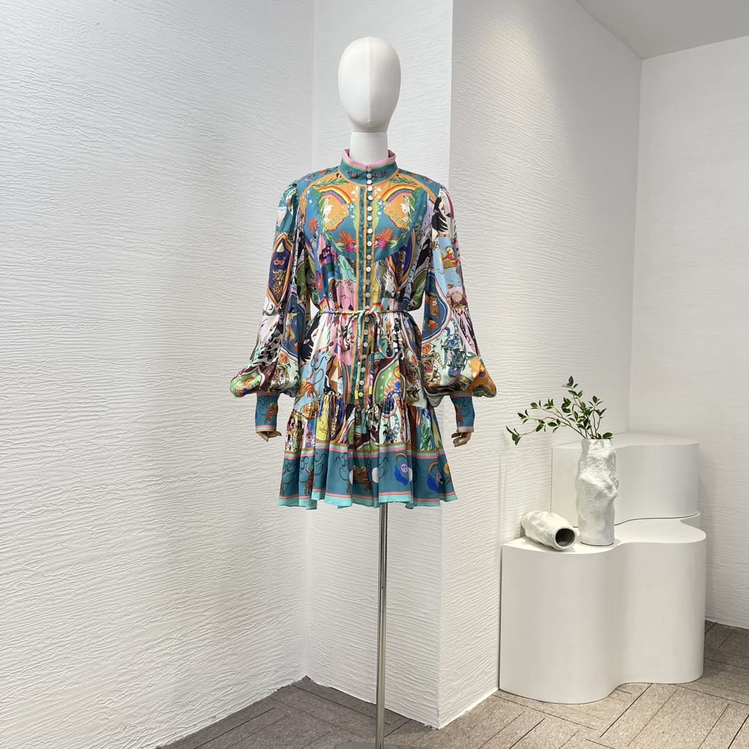 VÁY ZIMMERMANN Animals Print Long Lantern Sleeve Loose Mini Dress High Classy