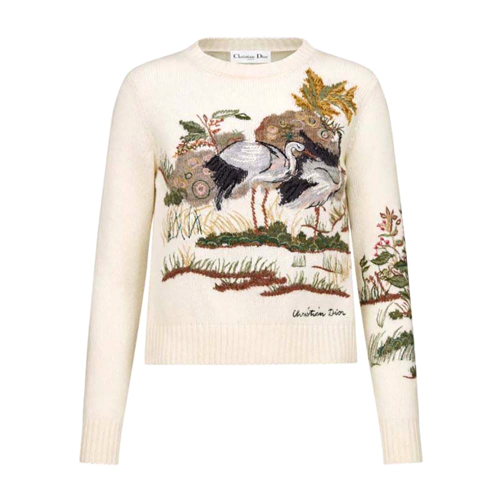 ÁO Dior Women Sweater Ecru Cashmere with Multicolor Dior Jardin D Hiver Motif