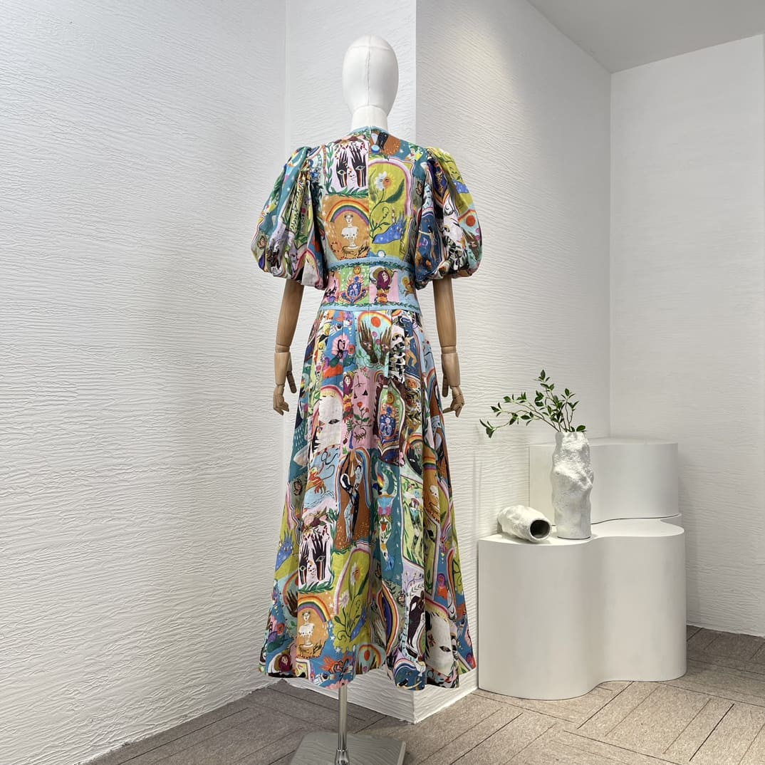 VÁY CAMILLA Portrait Cartoon Floral Print Short Sleeve Midi Dress High Classy
