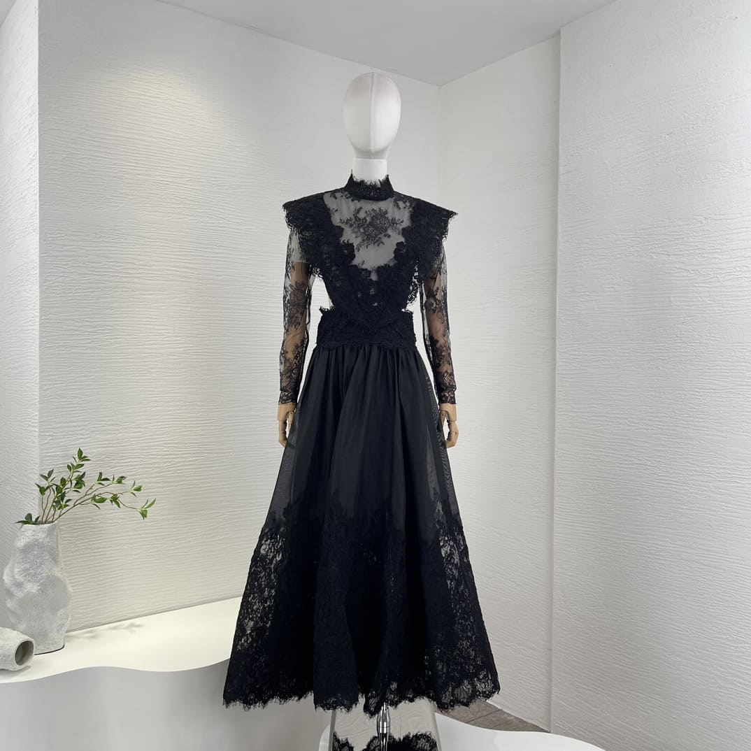 VÁY ZIMMERMANN Black Long Sleeve Lace Patchwork Midi Dress For Event High Classy