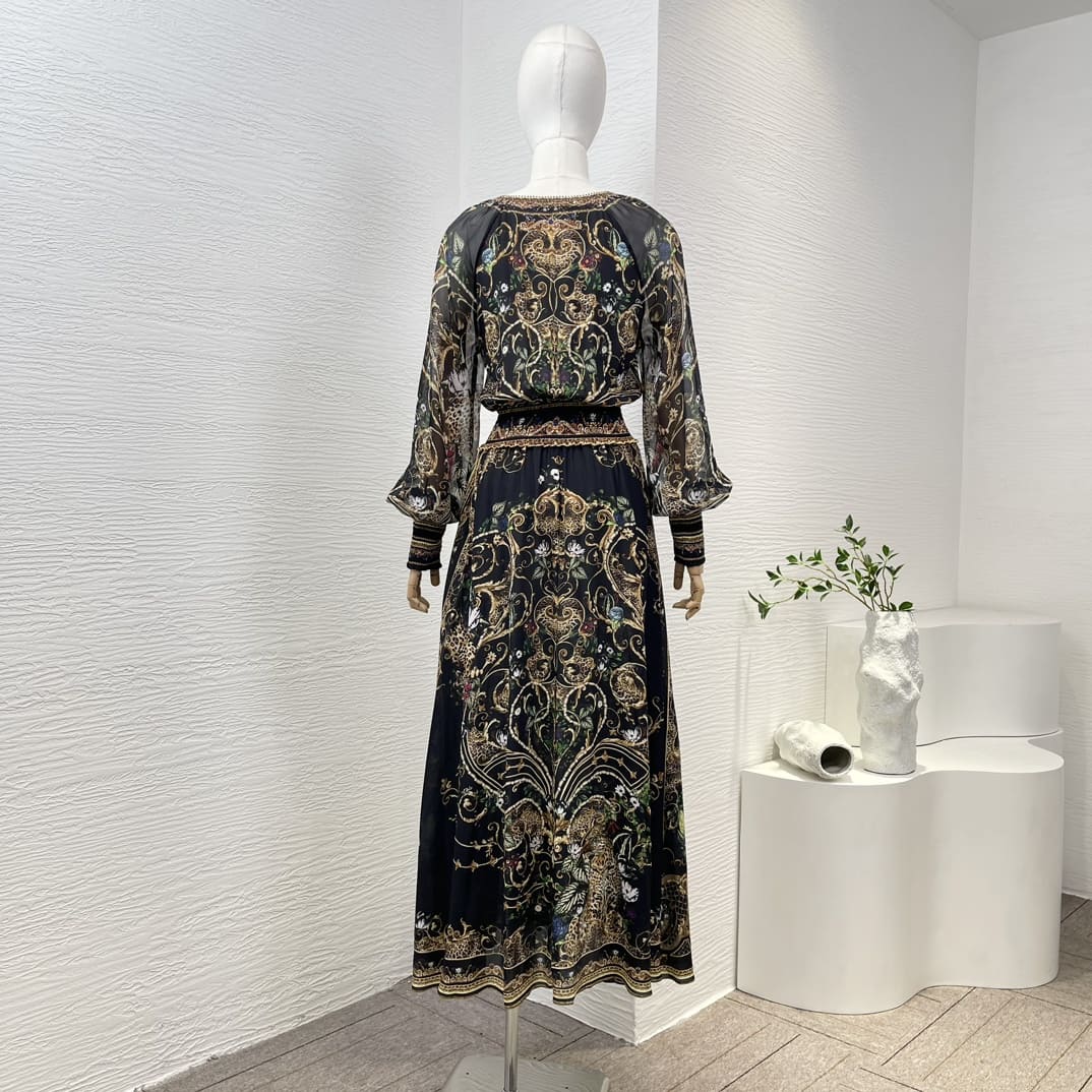 VÁY CAMILLA Original Black Floral Print Long Sleeve Midi Dress High Classy