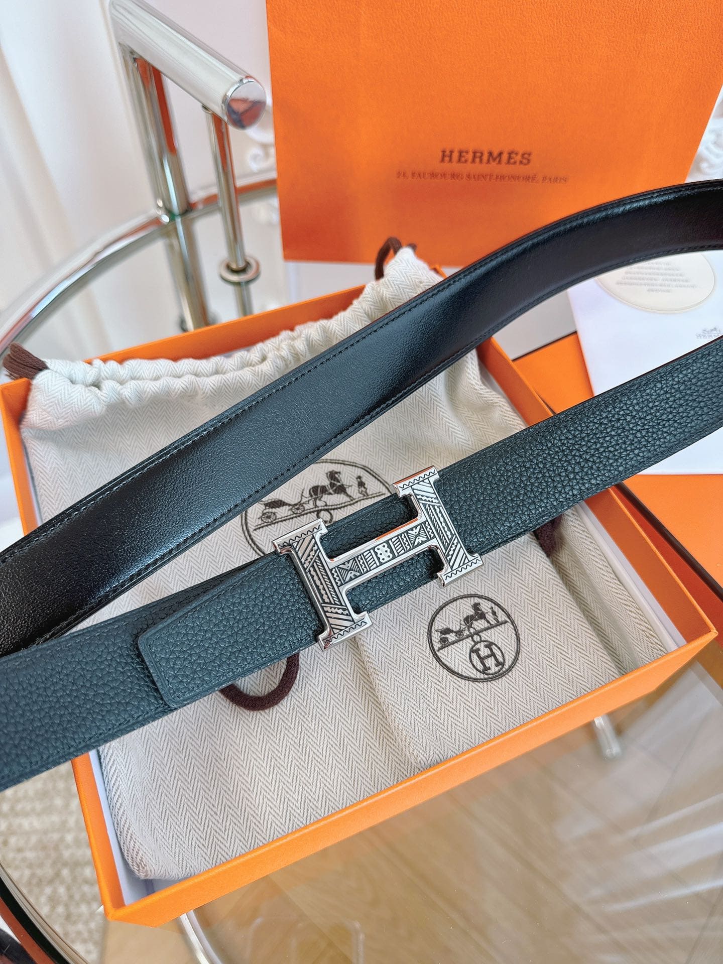DÂY LƯNG HERMES H BLACK BLUE Togo leather hai mặt khóa bạc