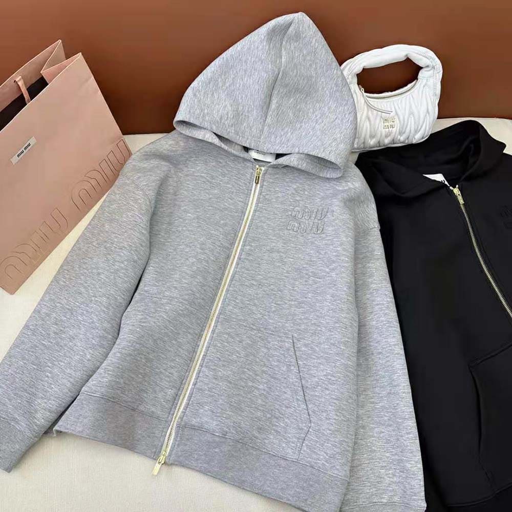 ÁO Miu Miu Women Embroidered Cotton Fleece Hoodie with Embroidered Logo-Silver
