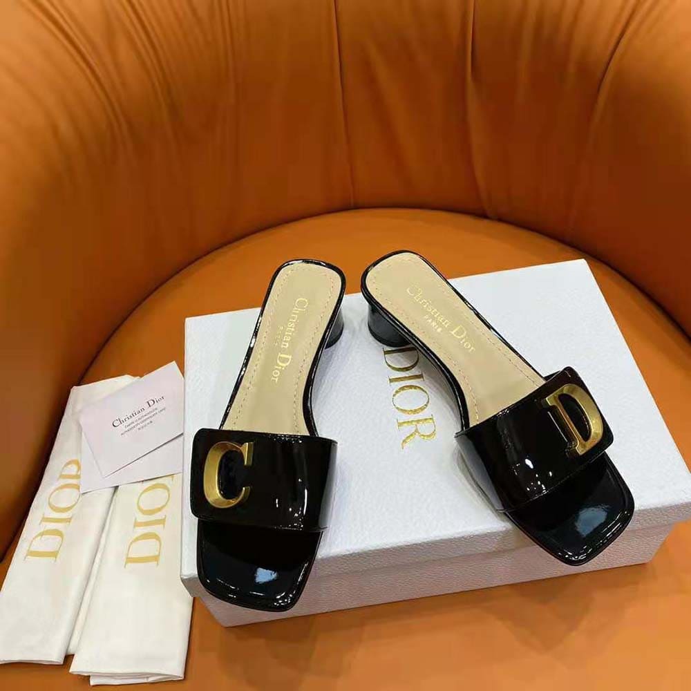 GUỐC Dior Women C’est Dior Heeled Slide Black Patent Calfskin