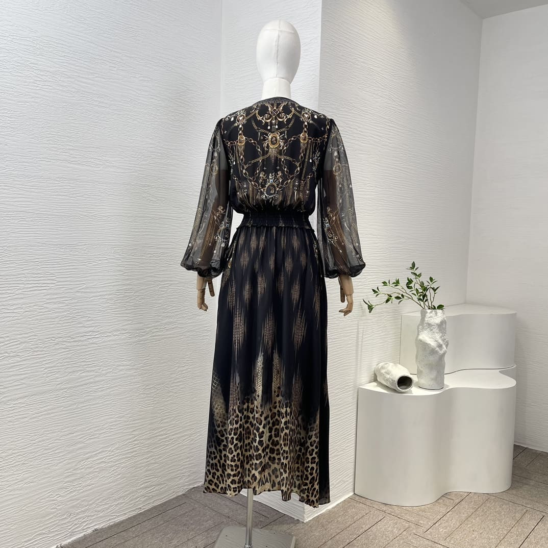 VÁY CAMILLA Vintage Black Leopard Print Midi Dress High Classy