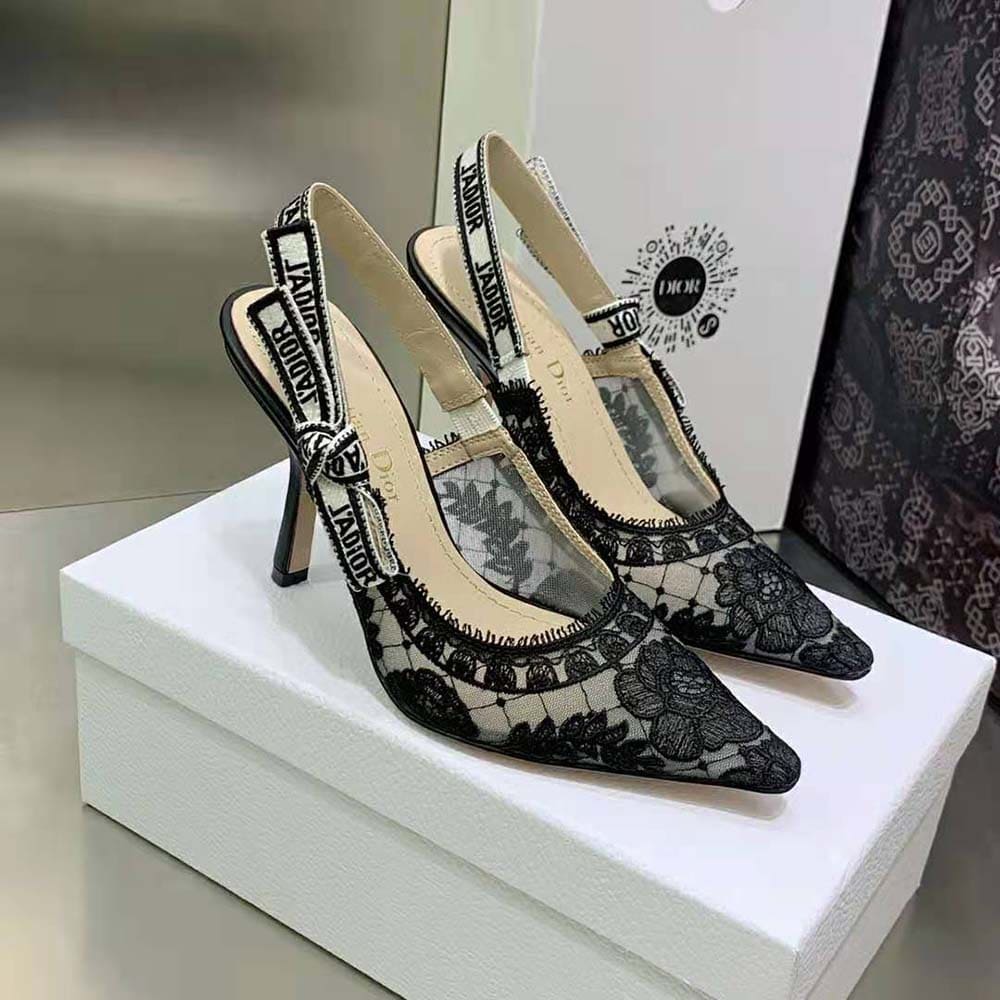 GIÀY Dior Women J’Adior Slingback Pump Black Transparent Mesh Embroidered with Dior Roses Motif