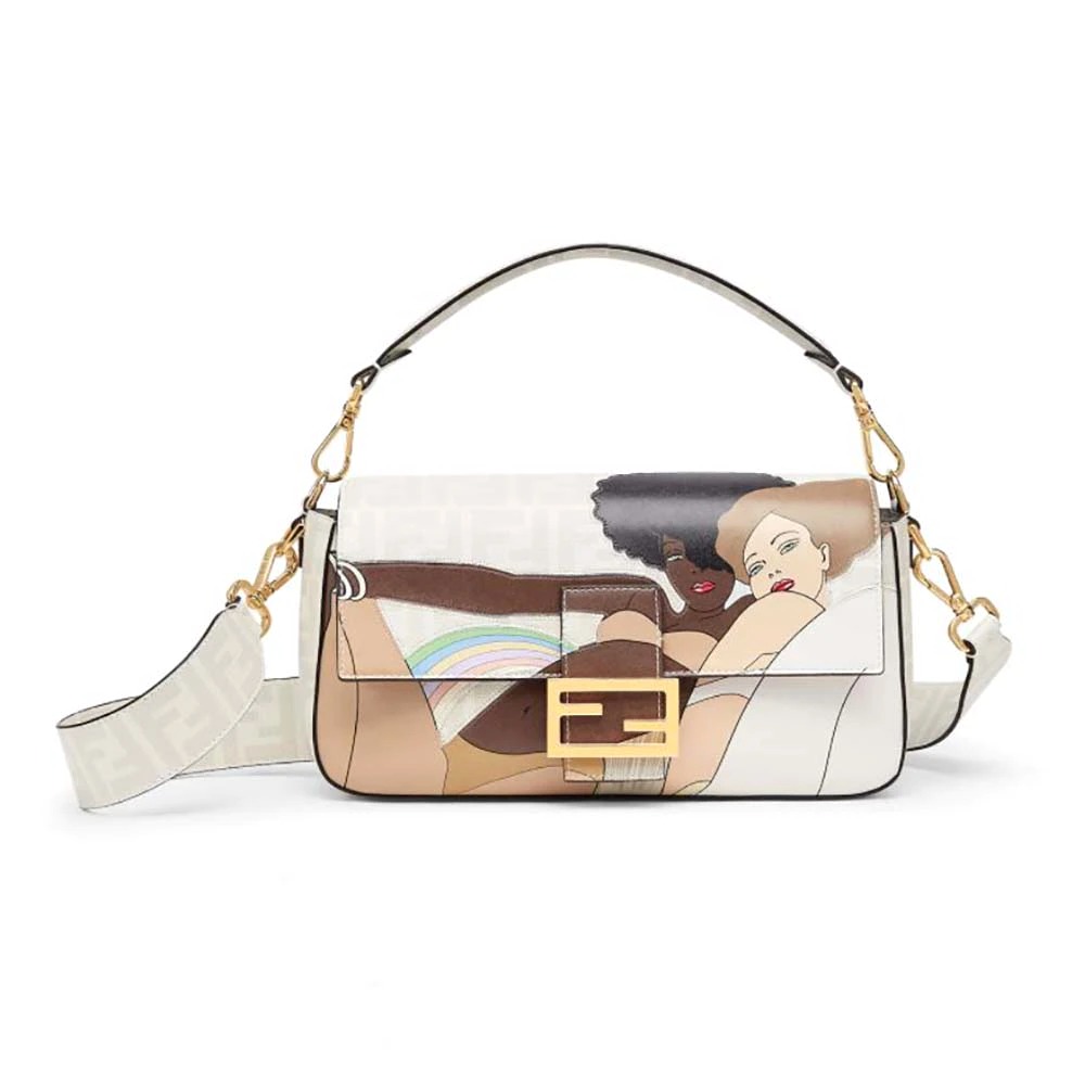 TÚI Fendi Women Baguette FF White Glazed Fabric Bag with Inlay