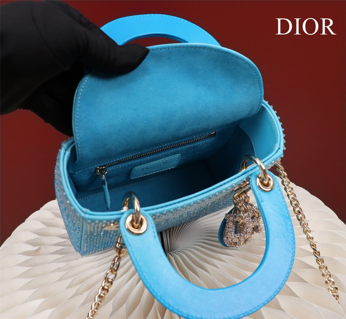 TÚI CHRISTIAN DIOR LADY DIOR Cannage Calfskin with Platinum Beaded Embroidery Blue