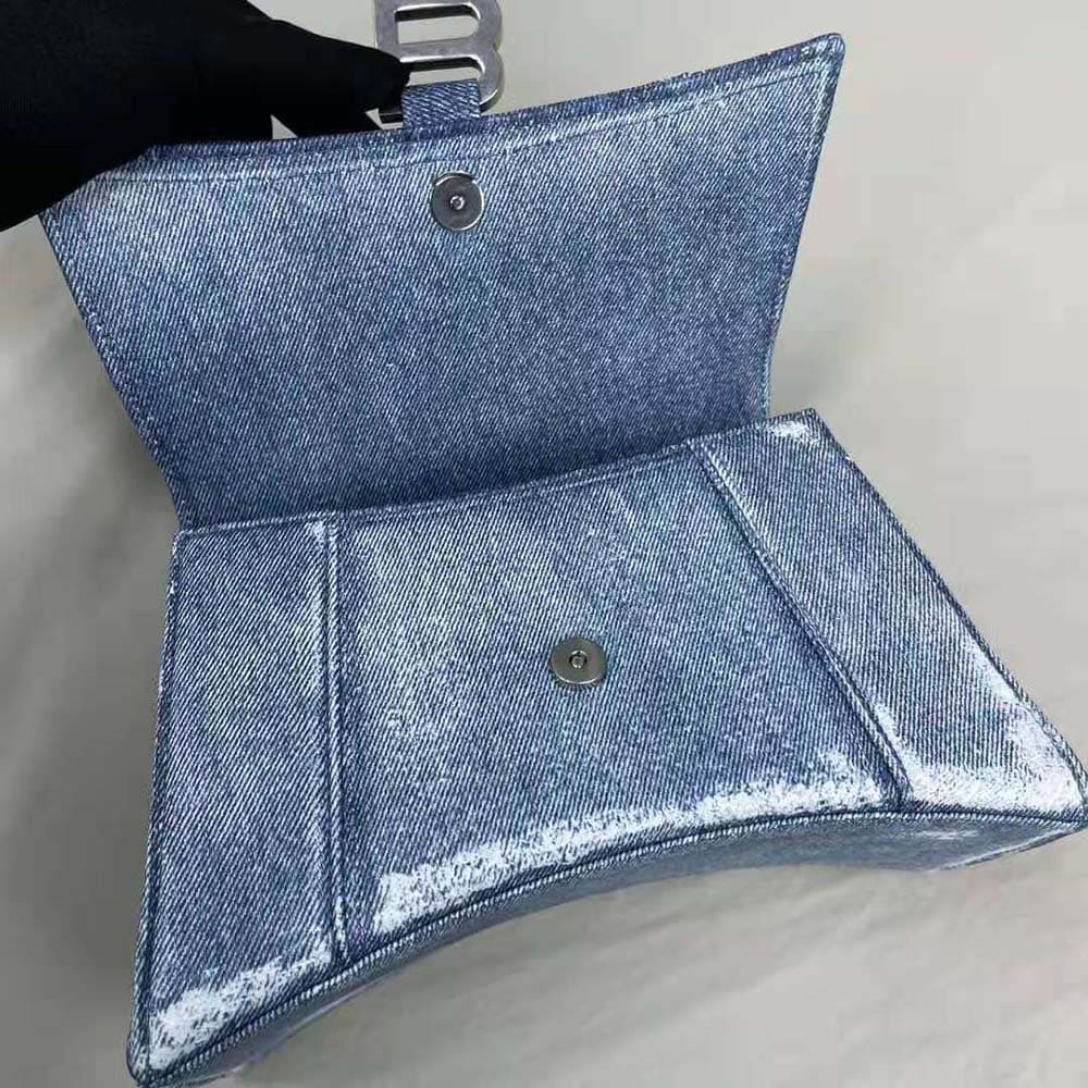 TÚI Balenciaga Women Hourglass Small Handbag Denim Printed in Indigo-Blue