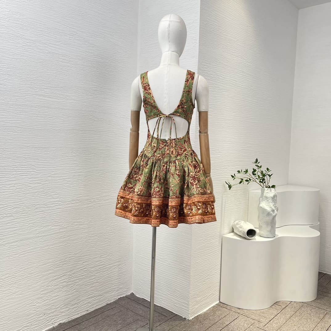 VÁY ZIMMERMANN Green Square Collar Sleeveless Floral Print Mini Dress High Classy