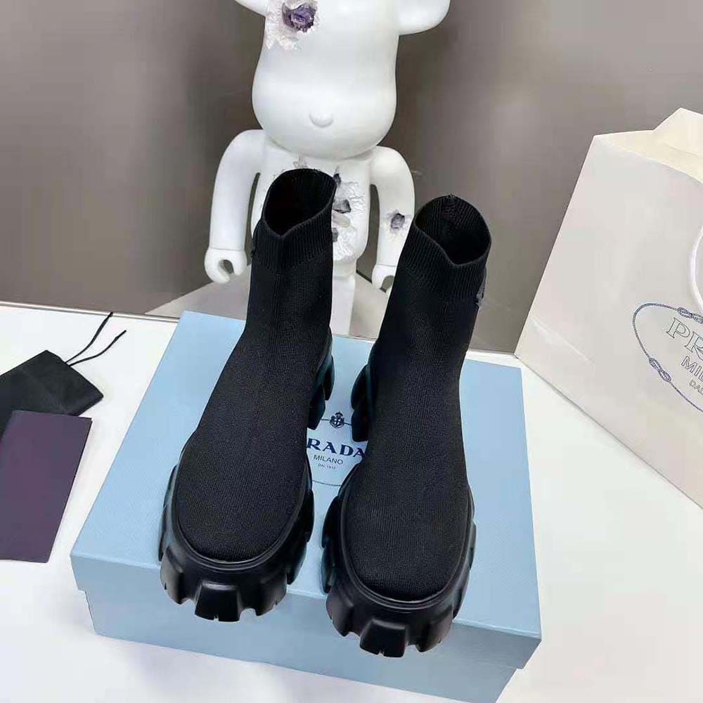 GIÀY Prada Women Monolith Knit Booties with Embossed Rubber Triangle Logo