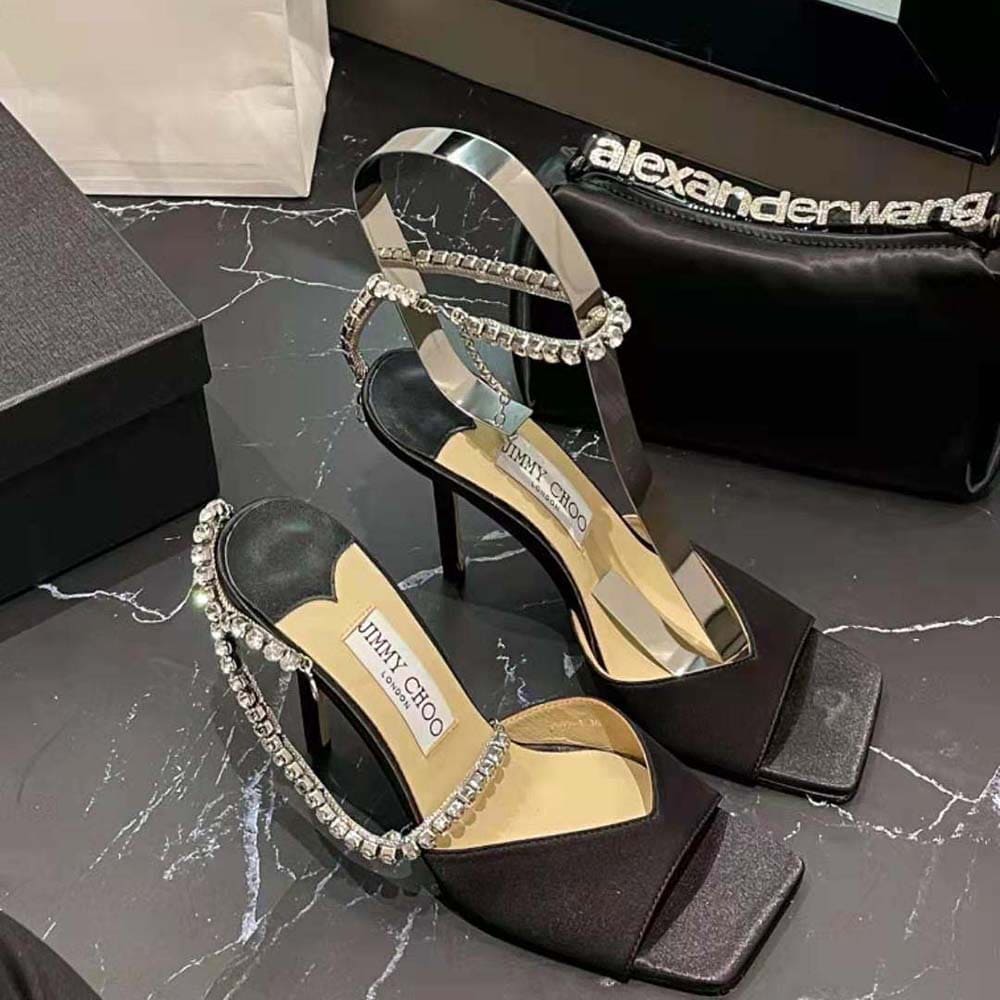 GIÀY Jimmy Choo Women Saeda Sandal 100 Black Suede Sandals with Crystal Embellishment