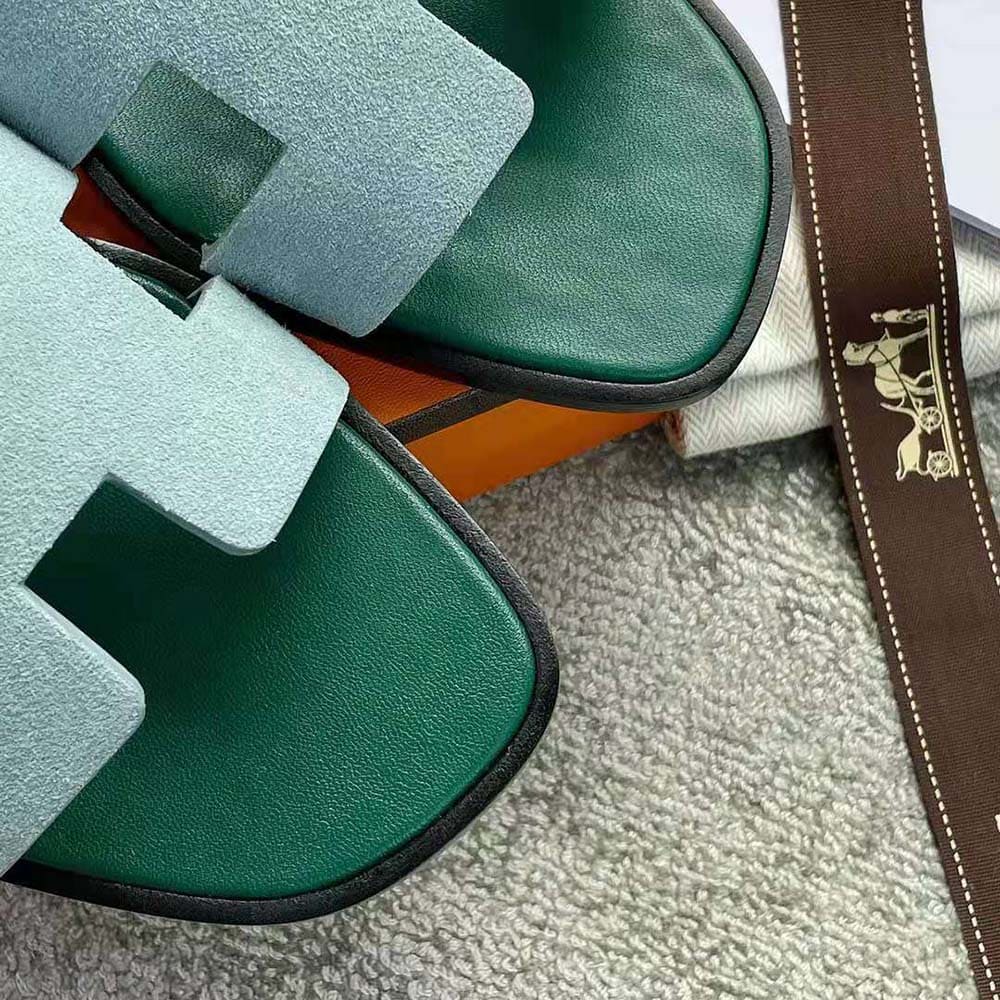 DÉP Hermes Women Oran Sandal in Suede Goatskin-Blue